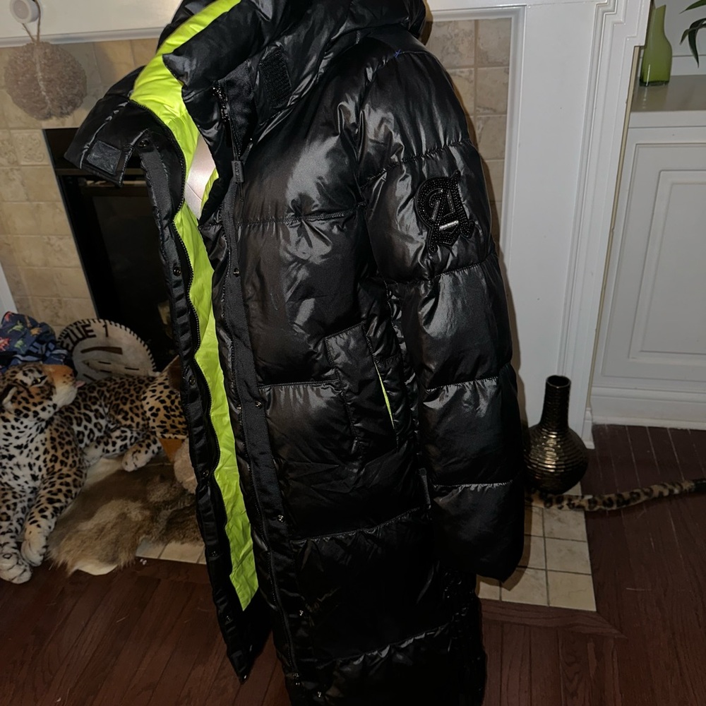 Black Long Puffer Coat with Neon Lime Trim - Women